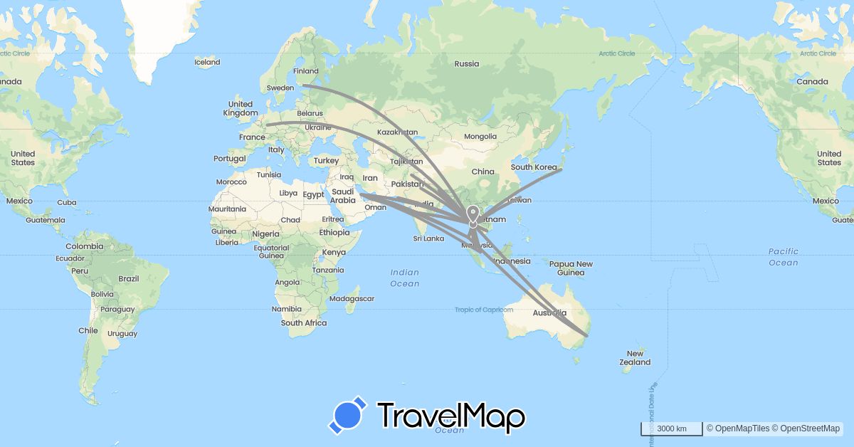 TravelMap itinerary: driving, plane in United Arab Emirates, Australia, Bahrain, Germany, Finland, India, Japan, Cambodia, Laos, Myanmar (Burma), Malaysia, Nepal, Pakistan, Singapore, Thailand, Taiwan, Vietnam (Asia, Europe, Oceania)
