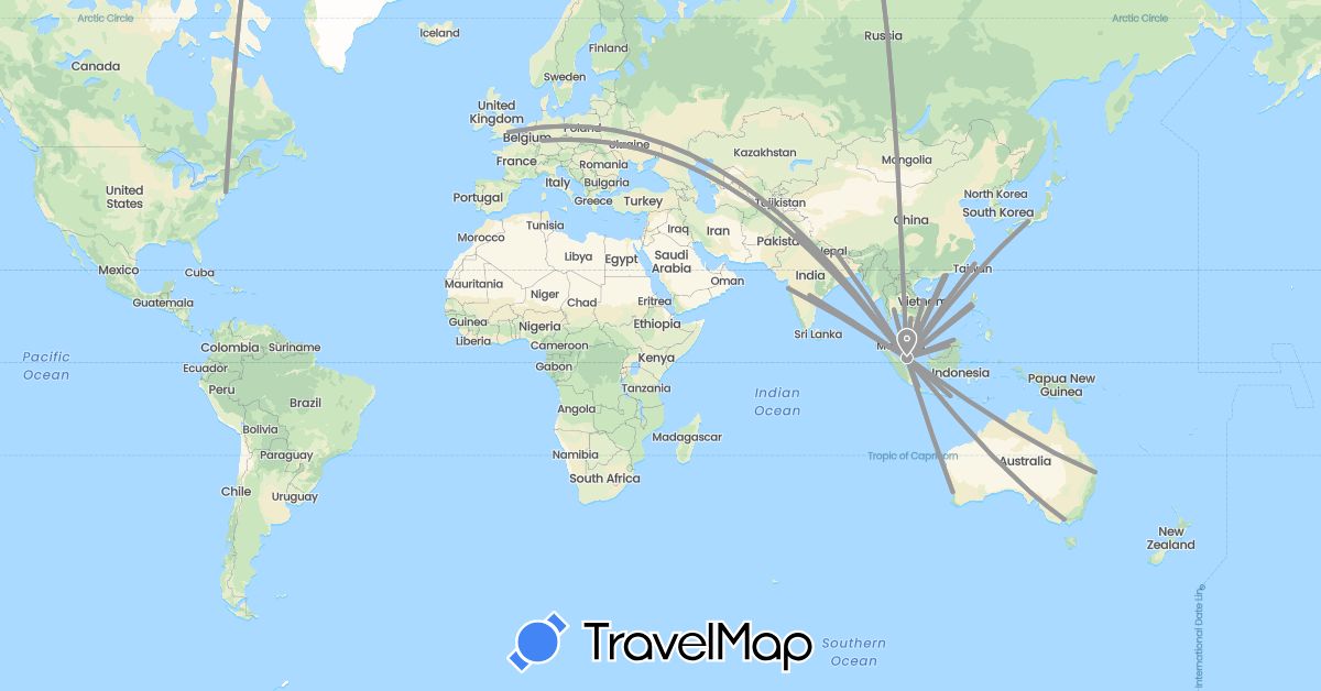 TravelMap itinerary: driving, plane in Australia, Brunei, China, Germany, United Kingdom, Indonesia, India, Japan, Cambodia, Malaysia, Nepal, Philippines, Singapore, Thailand, Taiwan, United States, Vietnam (Asia, Europe, North America, Oceania)