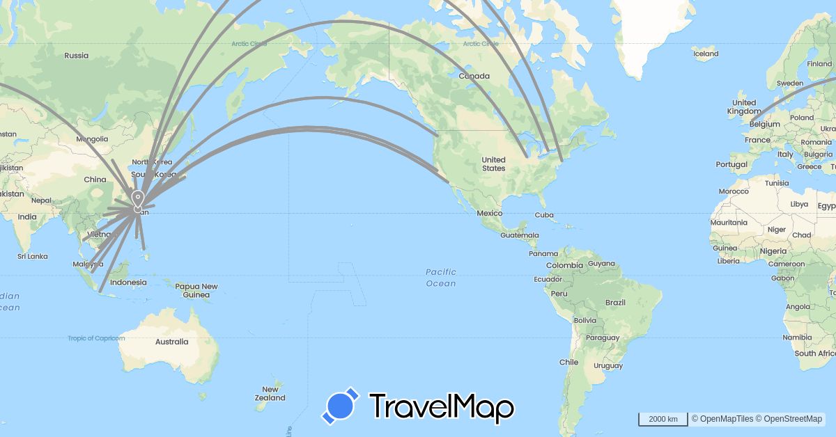 TravelMap itinerary: driving, plane in Canada, China, United Kingdom, Indonesia, Japan, South Korea, Malaysia, Philippines, Singapore, Thailand, Taiwan, United States, Vietnam (Asia, Europe, North America)